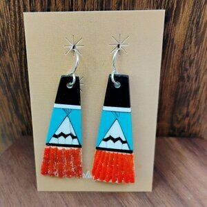 Santo Domingo Pueblo Slab Earrings Orange Spiny Oyster Shell Onyx Turquoise